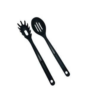 Tupperware Slotted Spoon and Spaghetti Pasta Spoon 12" Black Serving Utensil